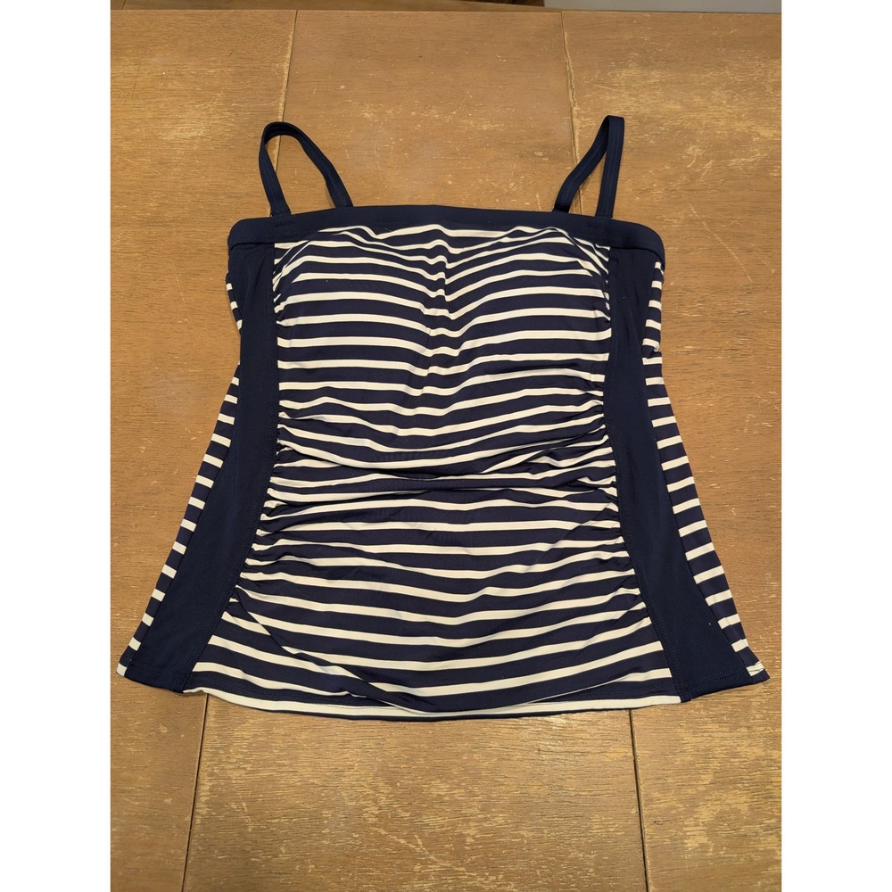 Lands End Navy White Striped Ruched Tankini Top Size 10 beachy resort vacation